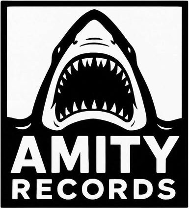 Stylised graphic of a shark's head above the sea and the words "Amity Records" beneath it